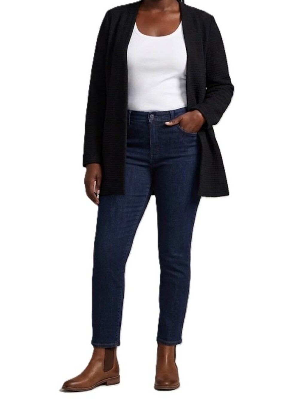 EILEEN FISHER Black Open Front Jacket Tencel Cotton Stretch Blazer Pockets EUC
